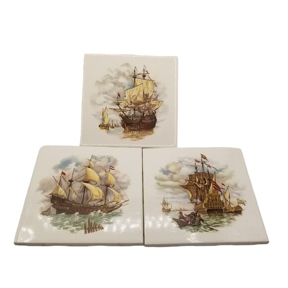 Nautical Sailing Clipper Ships Trivet Printed Ceramic Wall Tile 6"x6" Set of 3 - Picture 1 of 10